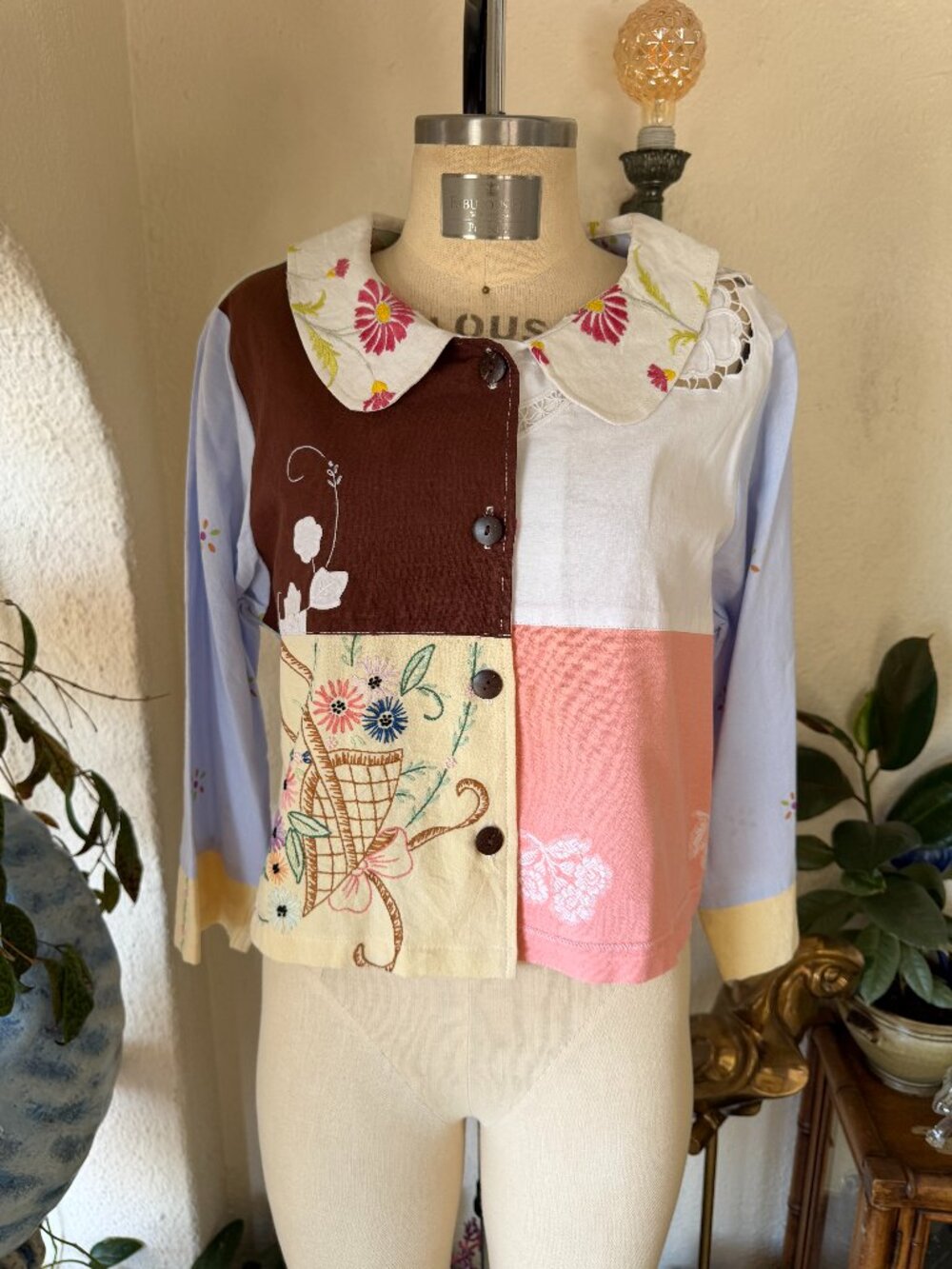 Vintage Handmade Pastel Patchwork Long Sleeve Button Up Top VTG